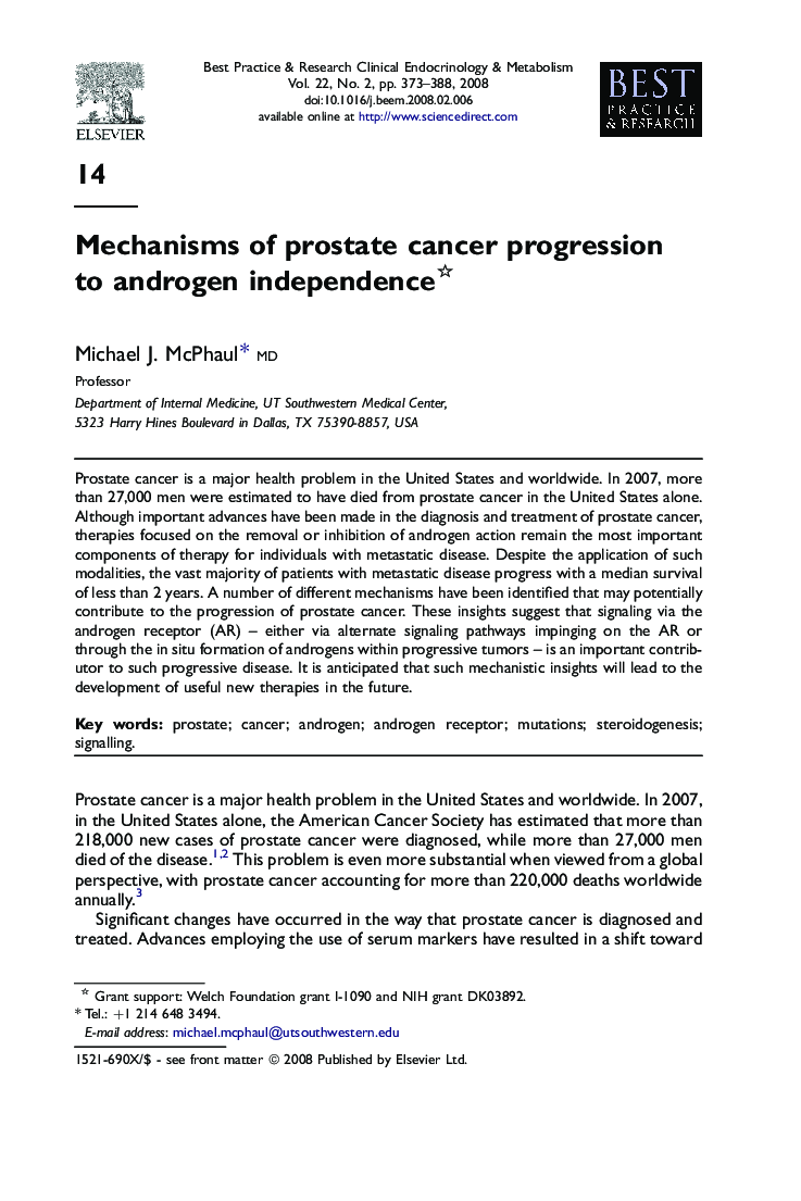 Mechanisms of prostate cancer progression to androgen independence 