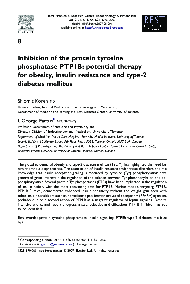 Inhibition of the protein tyrosine phosphatase PTP1B: potential therapy for obesity, insulin resistance and type-2 diabetes mellitus