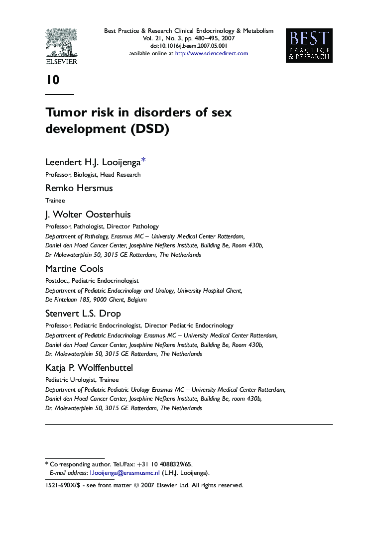 Tumor risk in disorders of sex development (DSD)