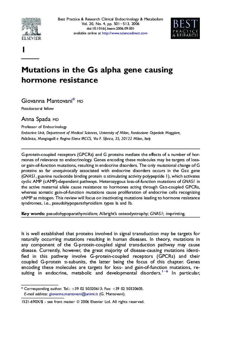 Mutations in the Gs alpha gene causing hormone resistance