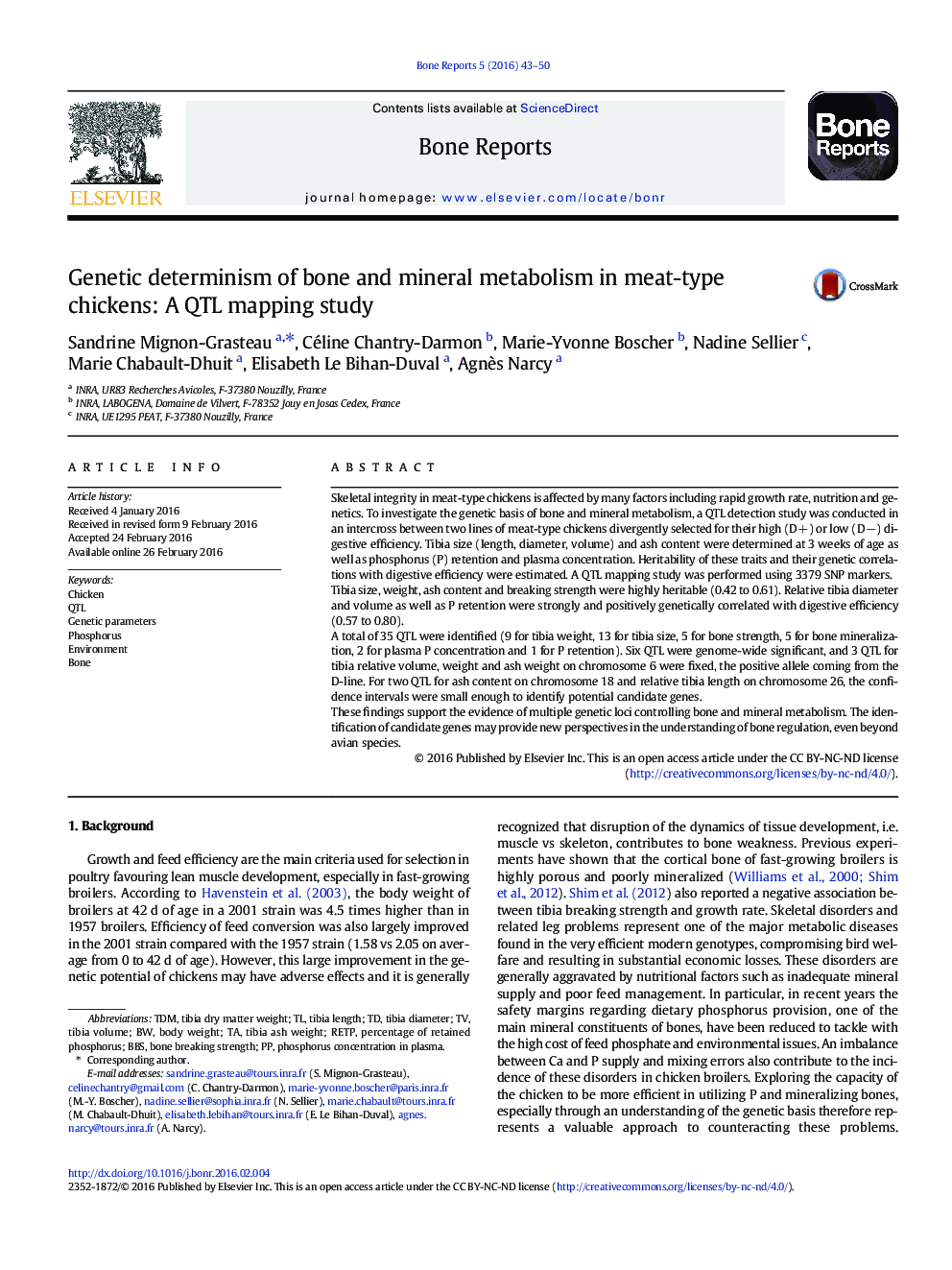 Genetic determinism of bone and mineral metabolism in meat-type chickens: A QTL mapping study