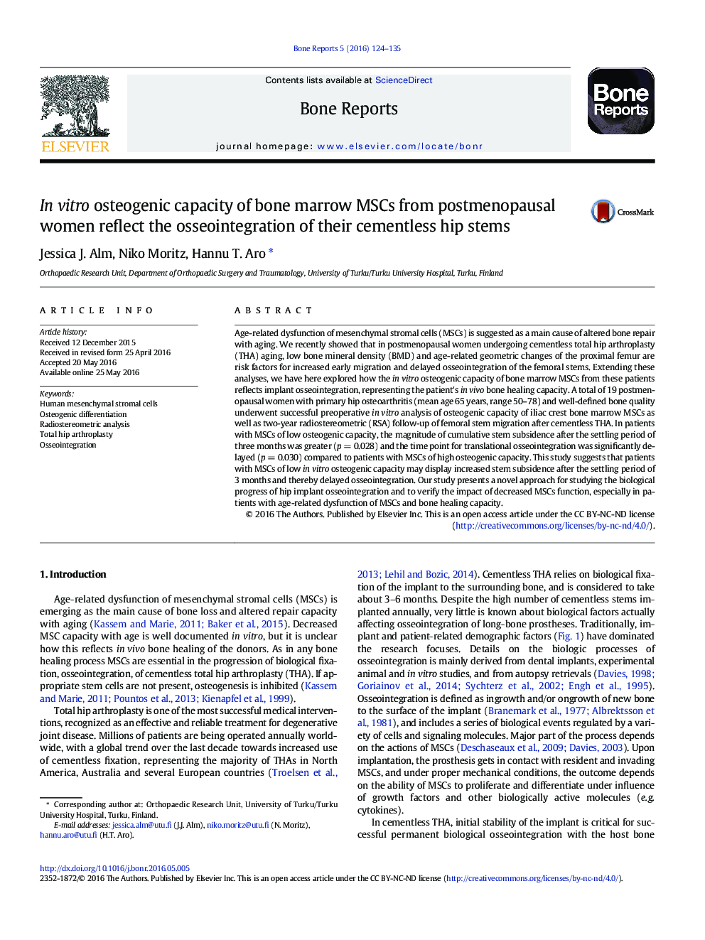 In vitro osteogenic capacity of bone marrow MSCs from postmenopausal women reflect the osseointegration of their cementless hip stems