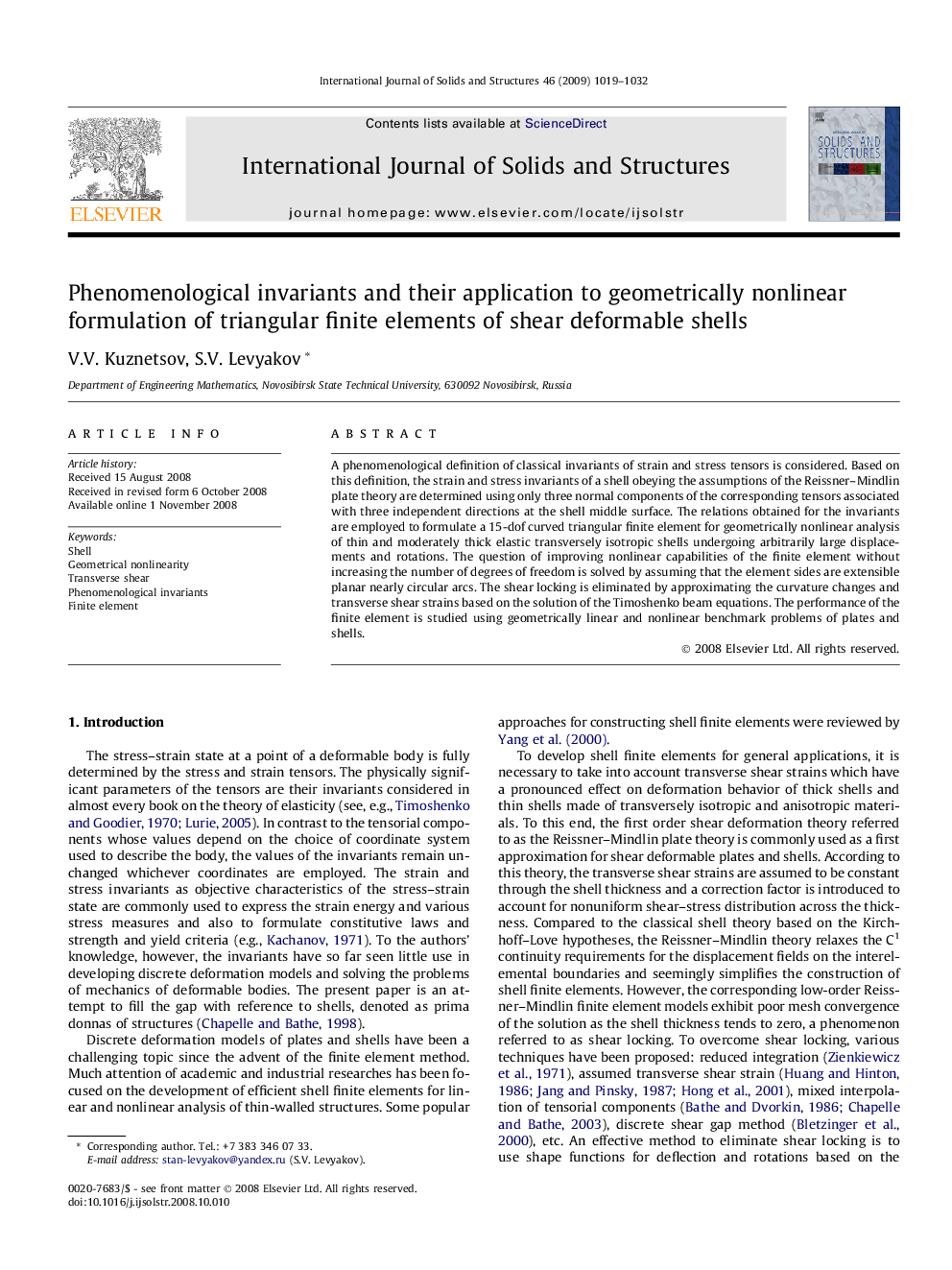 Phenomenological invariants and their application to geometrically nonlinear formulation of triangular finite elements of shear deformable shells