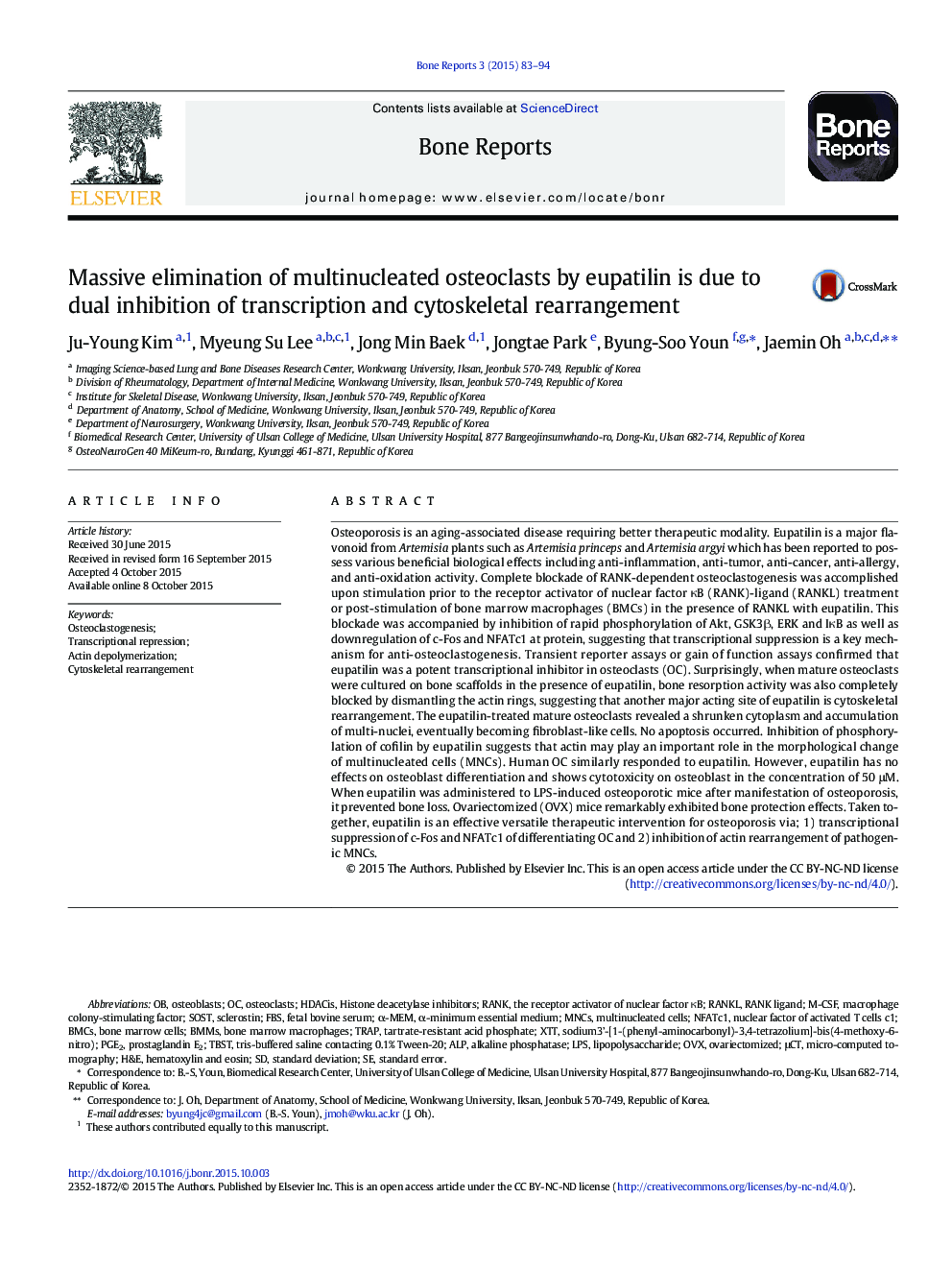 Massive elimination of multinucleated osteoclasts by eupatilin is due to dual inhibition of transcription and cytoskeletal rearrangement