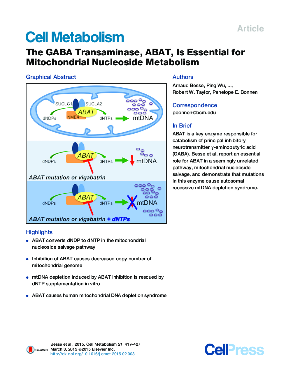 The GABA Transaminase, ABAT, Is Essential for Mitochondrial Nucleoside Metabolism