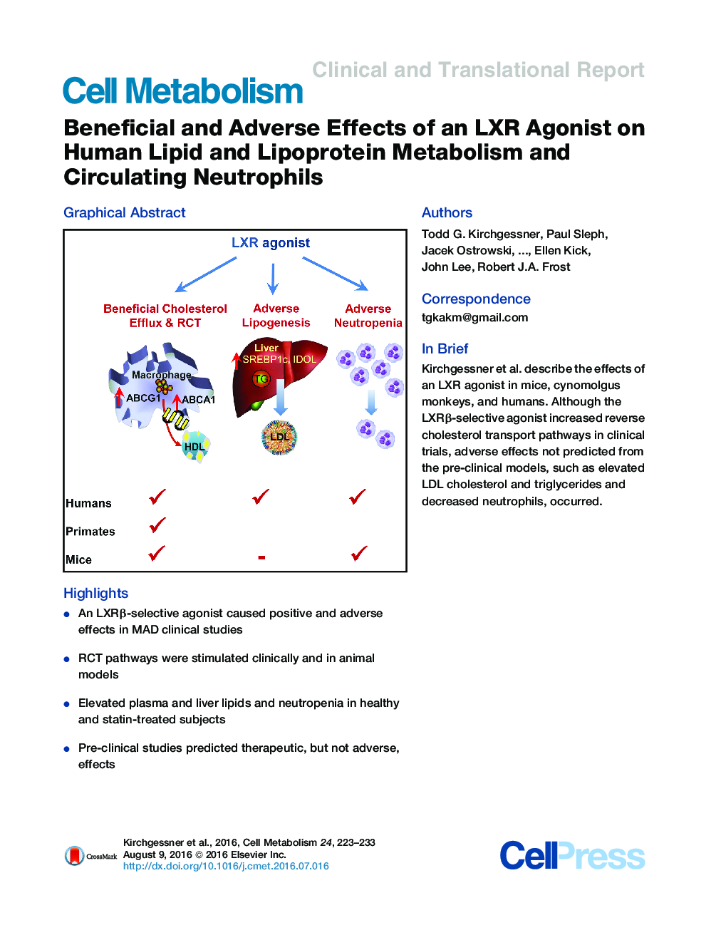 Beneficial and Adverse Effects of an LXR Agonist on Human Lipid and Lipoprotein Metabolism and Circulating Neutrophils