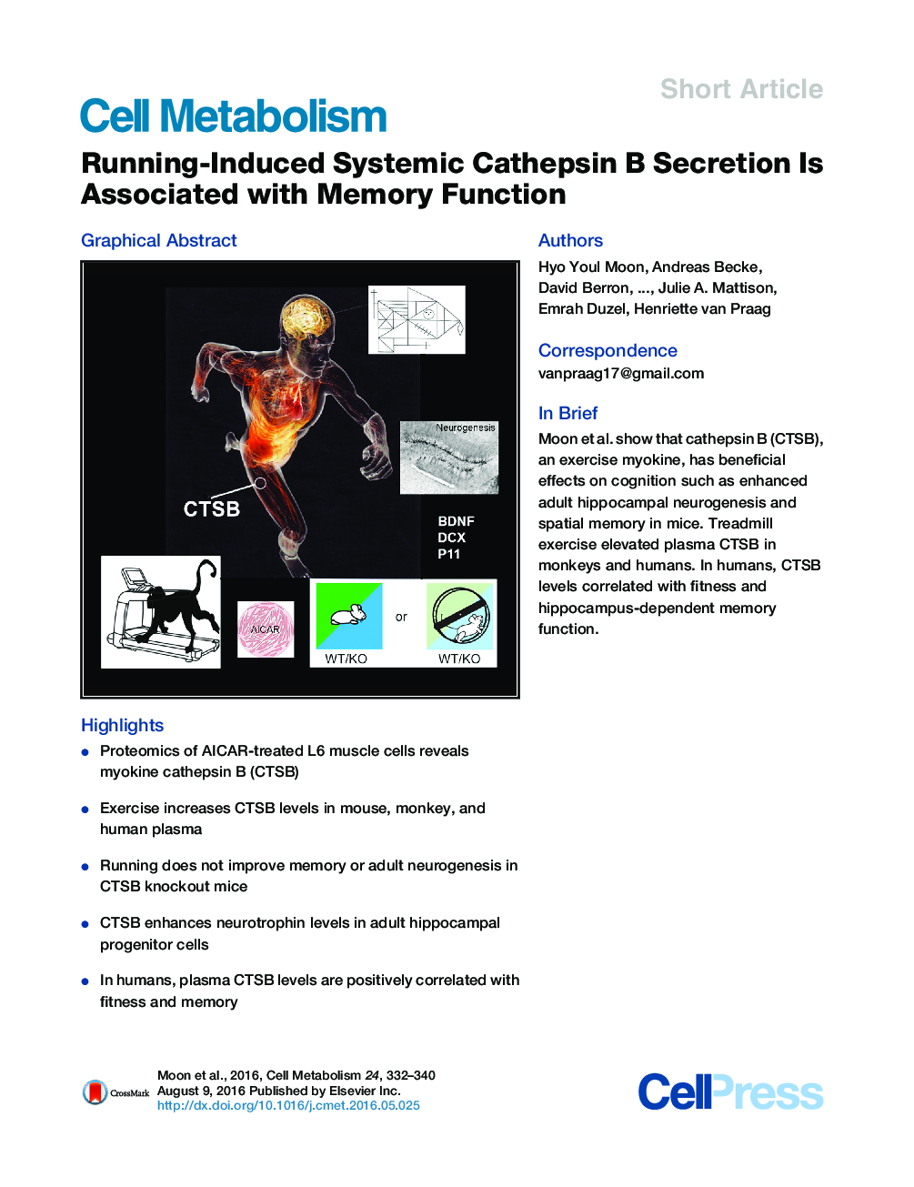 Running-Induced Systemic Cathepsin B Secretion Is Associated with Memory Function