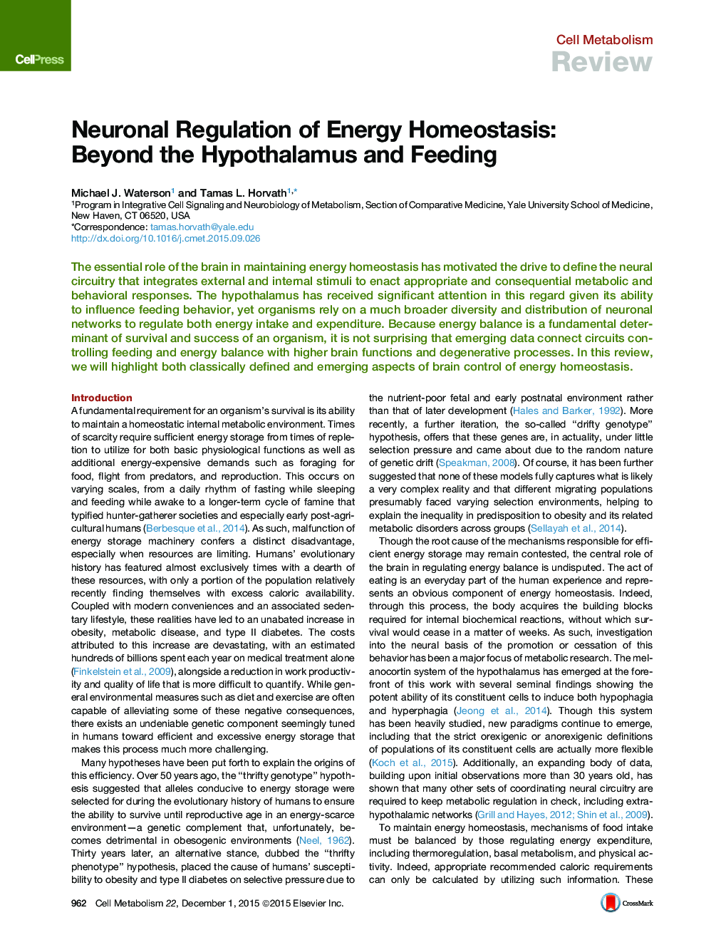 Neuronal Regulation of Energy Homeostasis: Beyond the Hypothalamus and Feeding