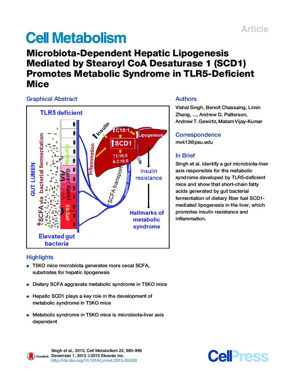 Microbiota-Dependent Hepatic Lipogenesis Mediated by Stearoyl CoA Desaturase 1 (SCD1) Promotes Metabolic Syndrome in TLR5-Deficient Mice