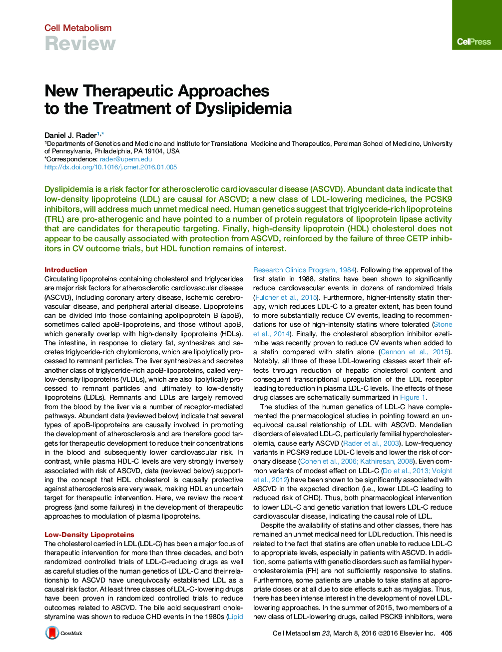 New Therapeutic Approaches to the Treatment of Dyslipidemia