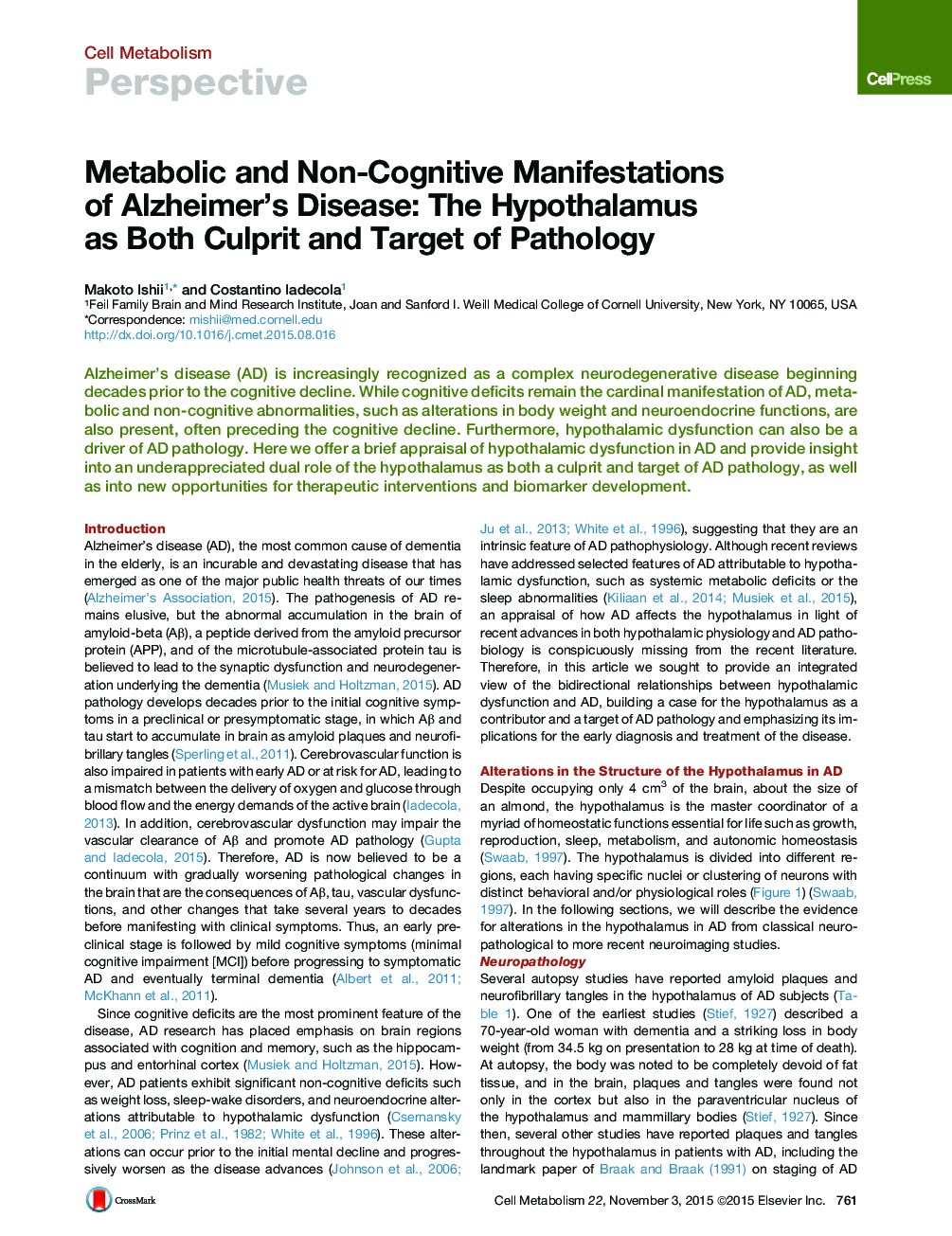 Metabolic and Non-Cognitive Manifestations of Alzheimer’s Disease: The Hypothalamus as Both Culprit and Target of Pathology