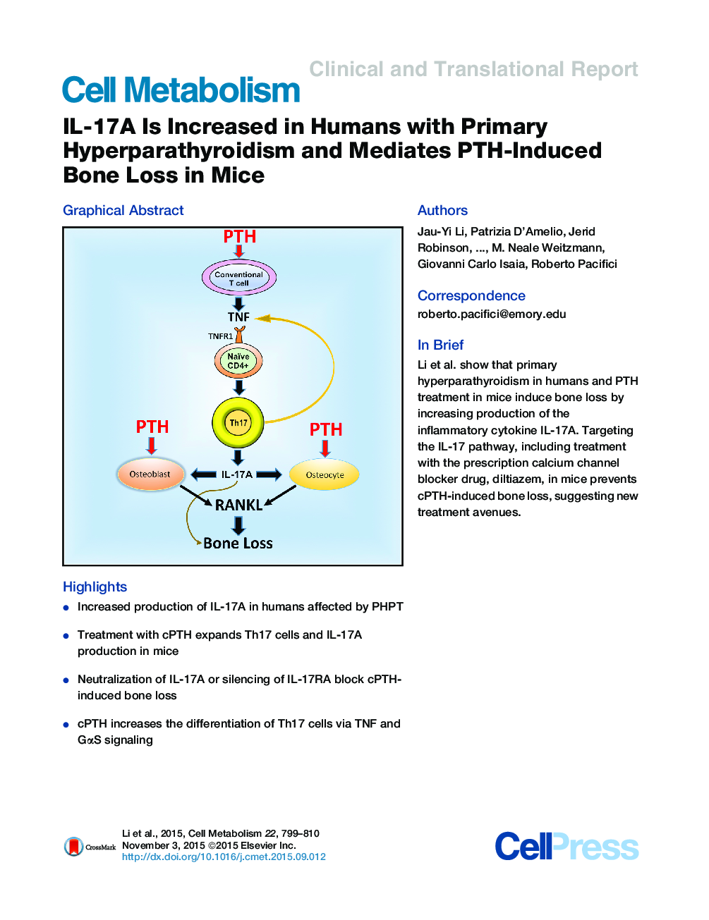 IL-17A Is Increased in Humans with Primary Hyperparathyroidism and Mediates PTH-Induced Bone Loss in Mice