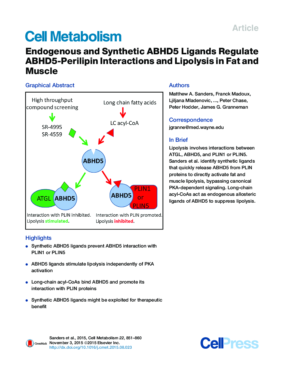 Endogenous and Synthetic ABHD5 Ligands Regulate ABHD5-Perilipin Interactions and Lipolysis in Fat and Muscle
