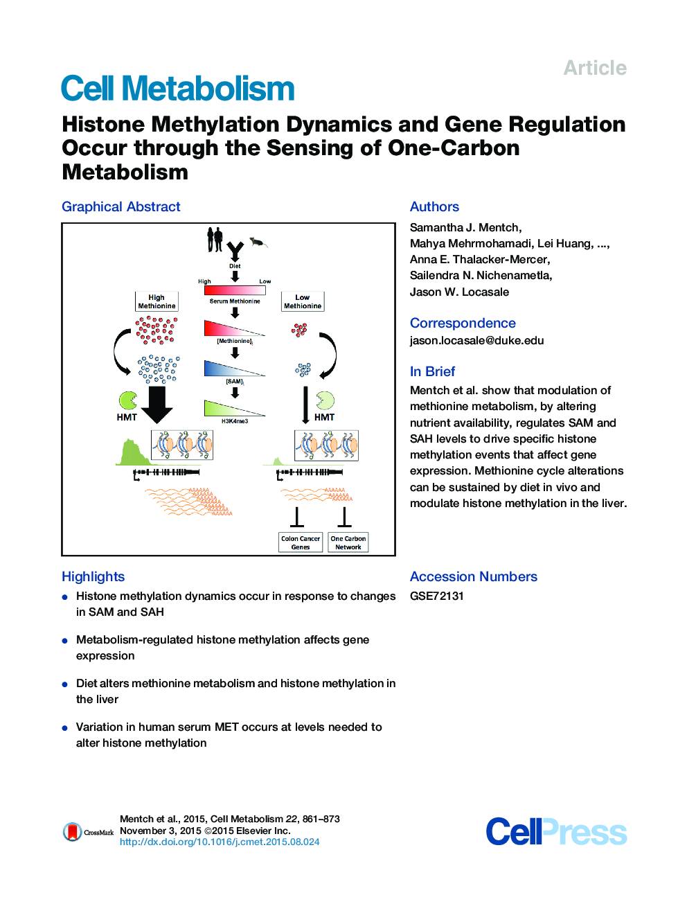 Histone Methylation Dynamics and Gene Regulation Occur through the Sensing of One-Carbon Metabolism