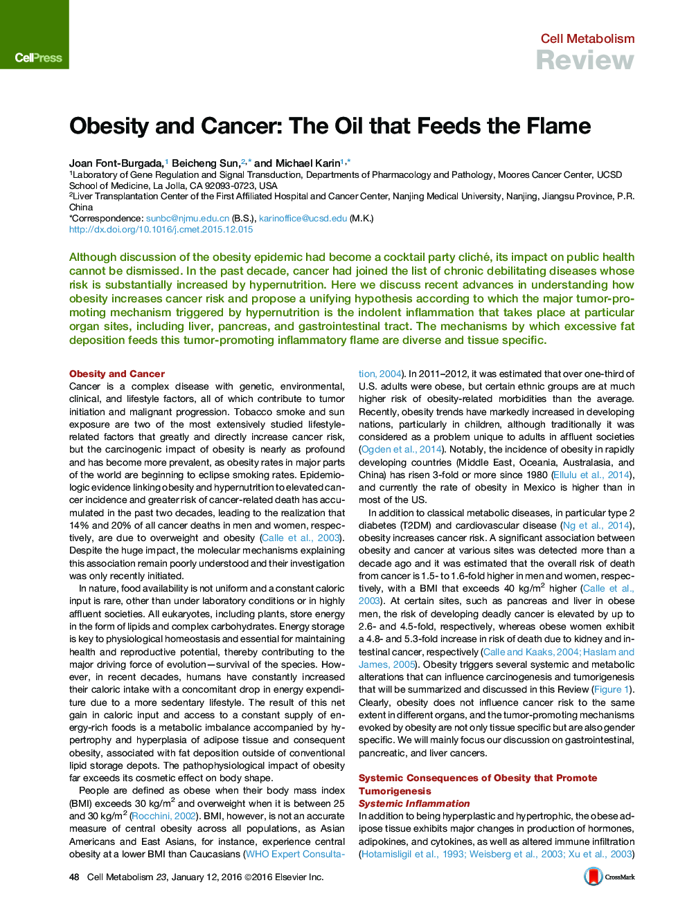 Obesity and Cancer: The Oil that Feeds the Flame