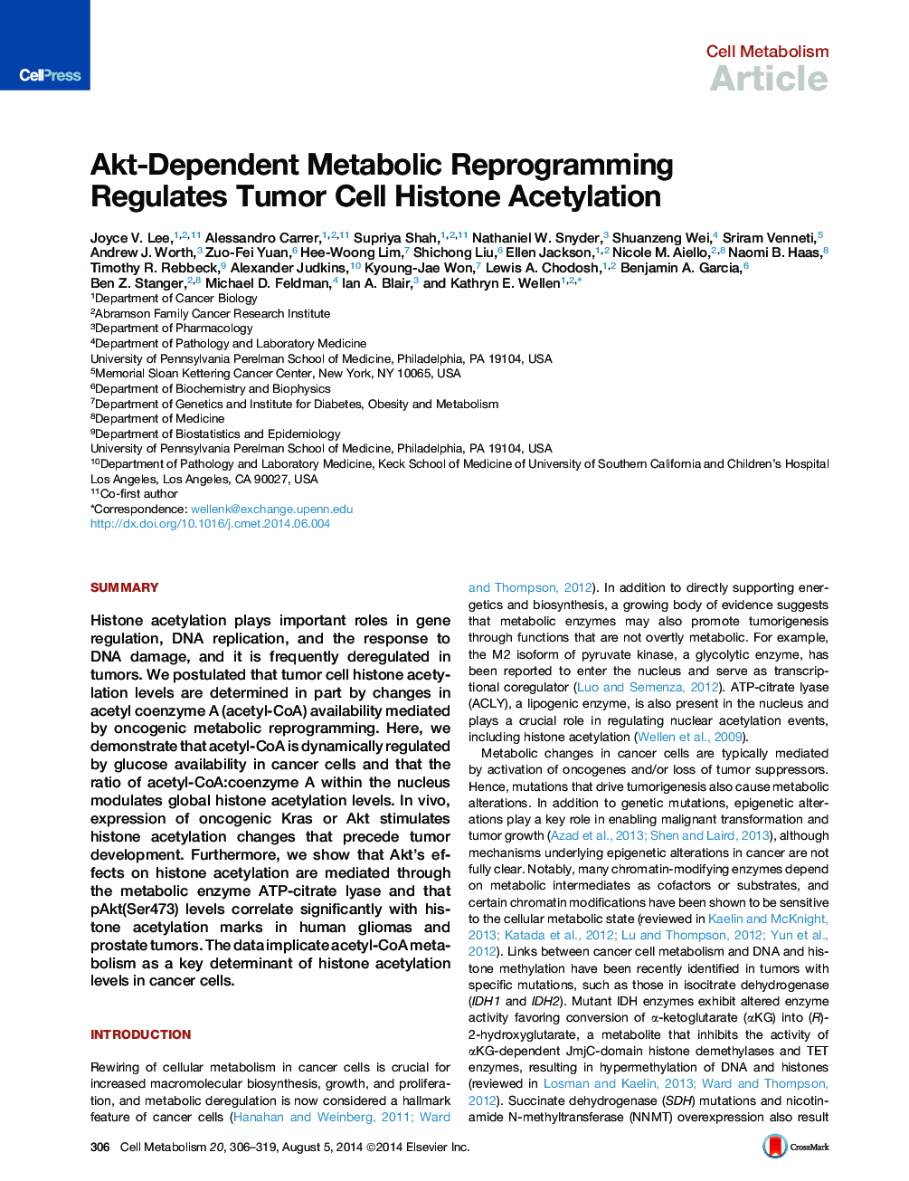 Akt-Dependent Metabolic Reprogramming Regulates Tumor Cell Histone Acetylation