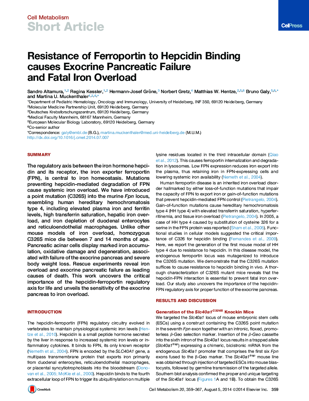 Resistance of Ferroportin to Hepcidin Binding causes Exocrine Pancreatic Failure and Fatal Iron Overload