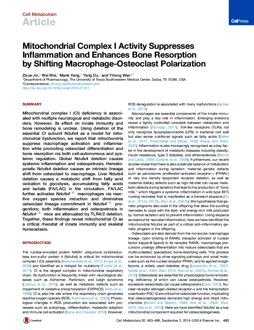 Mitochondrial Complex I Activity Suppresses Inflammation and Enhances Bone Resorption by Shifting Macrophage-Osteoclast Polarization