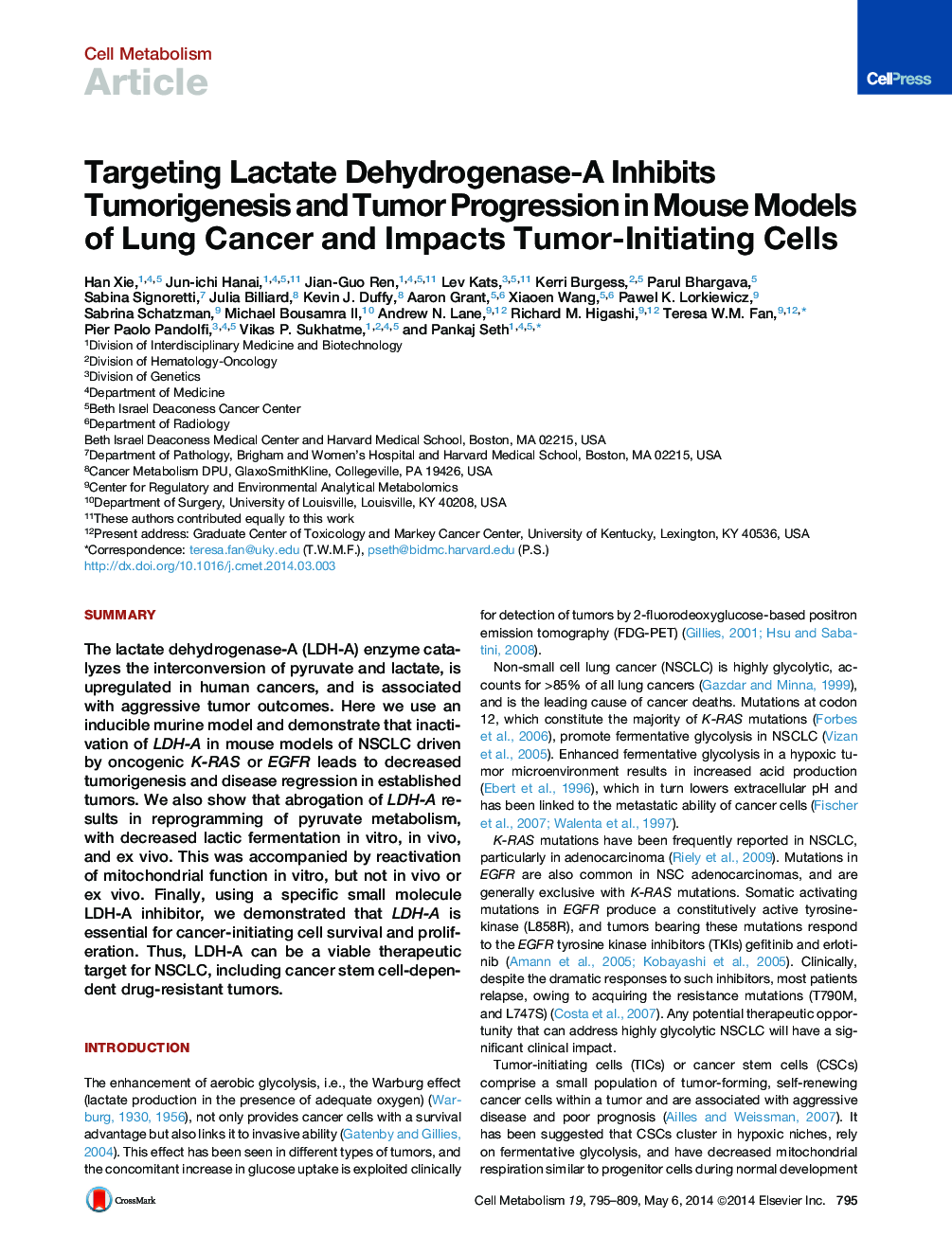 عکس صفحه اول مقاله: Targeting Lactate Dehydrogenase-A Inhibits Tumorigenesis and Tumor Progression in Mouse Models of Lung Cancer and Impacts Tumor-Initiating Cells Targeting Lactate Dehydrogenase-A Inhibits Tumorigenesis and Tumor Progression in Mouse Models of Lung Cancer and Impacts Tumor-Initiating Cells