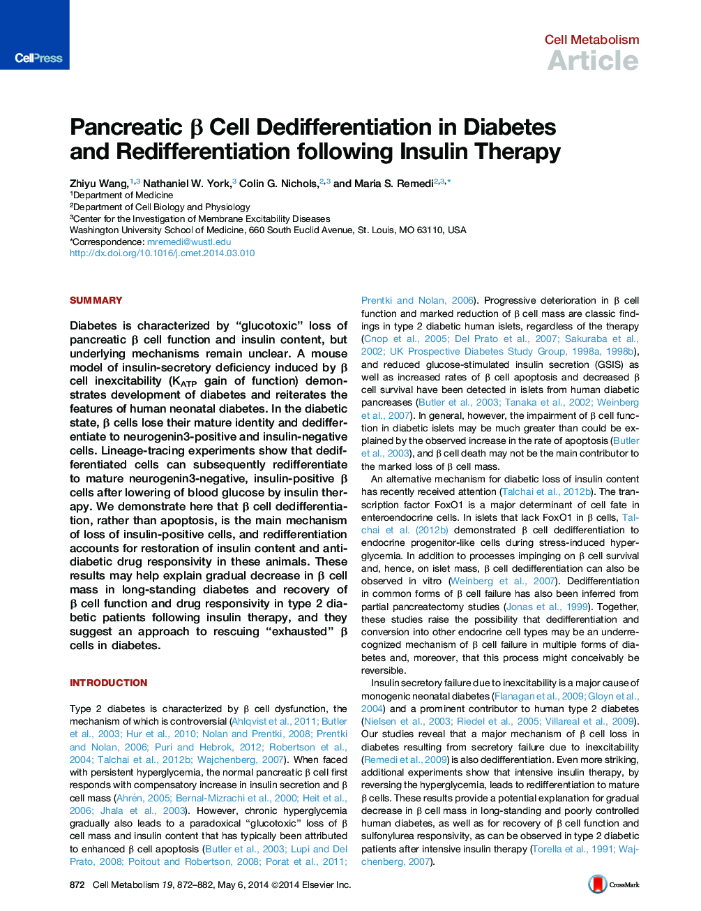 عکس صفحه اول مقاله: Pancreatic β Cell Dedifferentiation in Diabetes and Redifferentiation following Insulin Therapy Pancreatic β Cell Dedifferentiation in Diabetes and Redifferentiation following Insulin Therapy