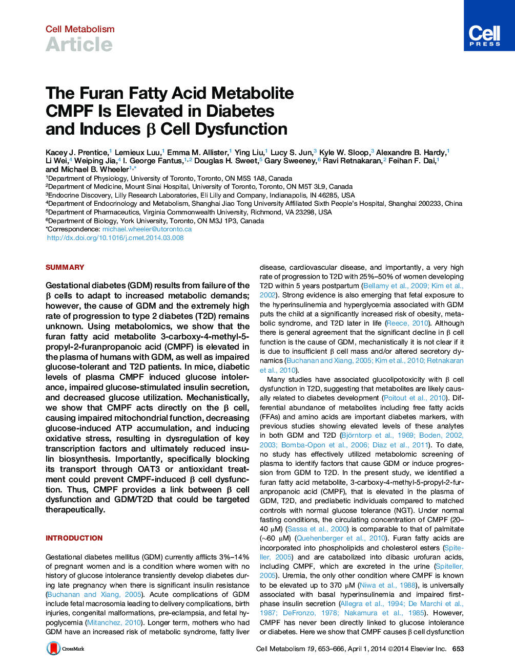 The Furan Fatty Acid Metabolite CMPF Is Elevated in Diabetes and Induces β Cell Dysfunction