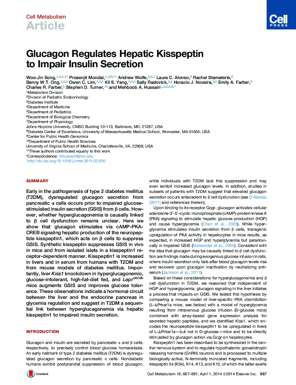 Glucagon Regulates Hepatic Kisspeptin to Impair Insulin Secretion