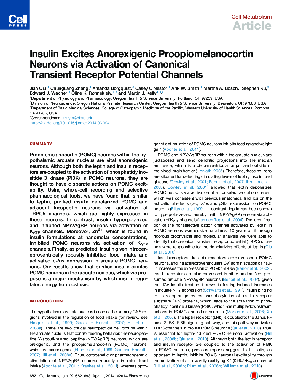 Insulin Excites Anorexigenic Proopiomelanocortin Neurons via Activation of Canonical Transient Receptor Potential Channels