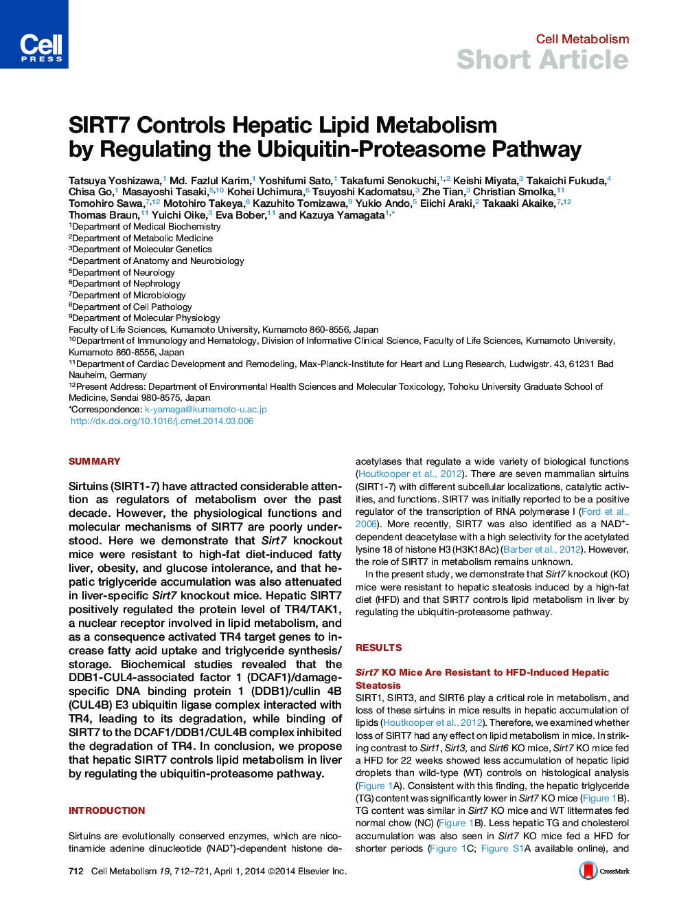 SIRT7 Controls Hepatic Lipid Metabolism by Regulating the Ubiquitin-Proteasome Pathway