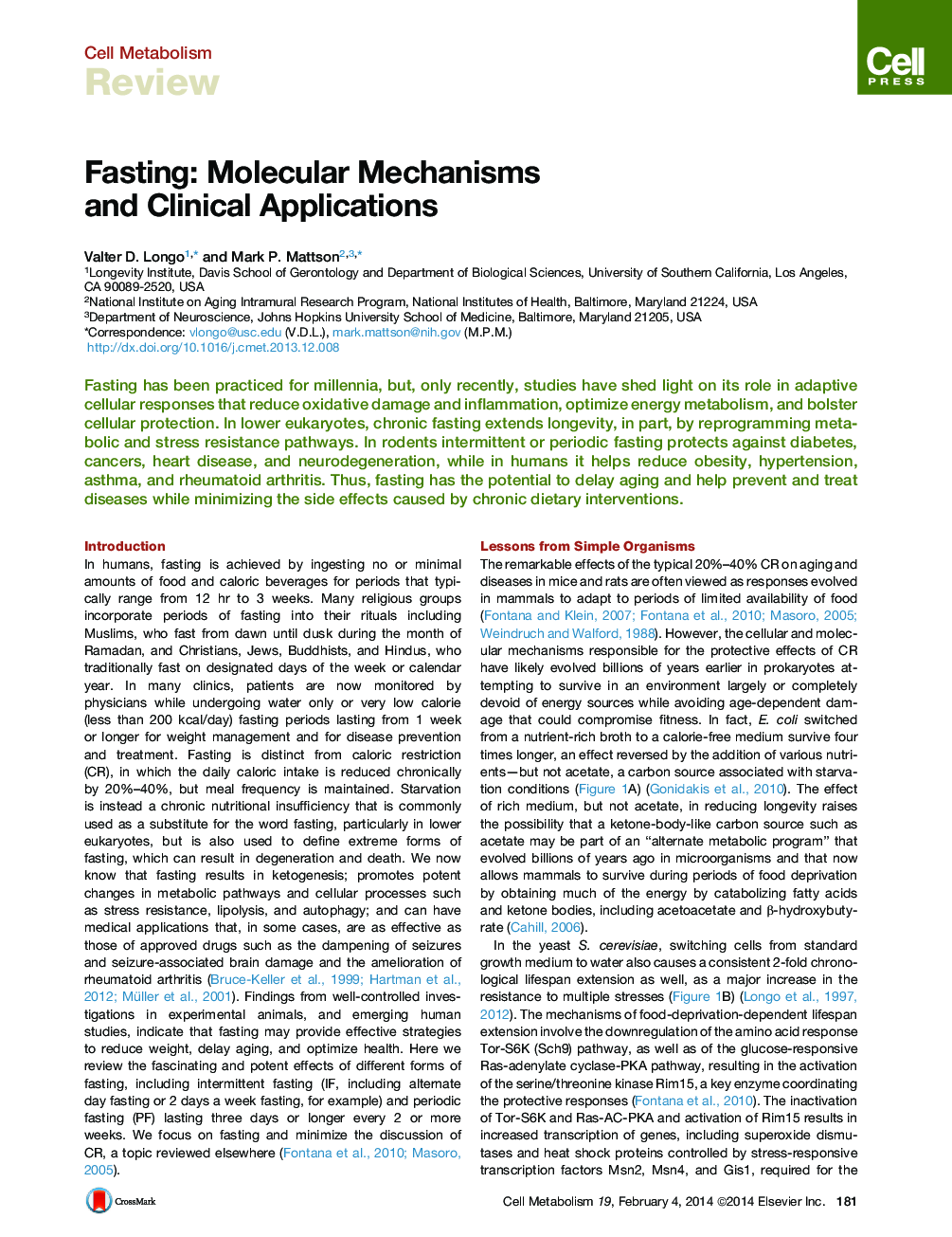 Fasting: Molecular Mechanisms and Clinical Applications