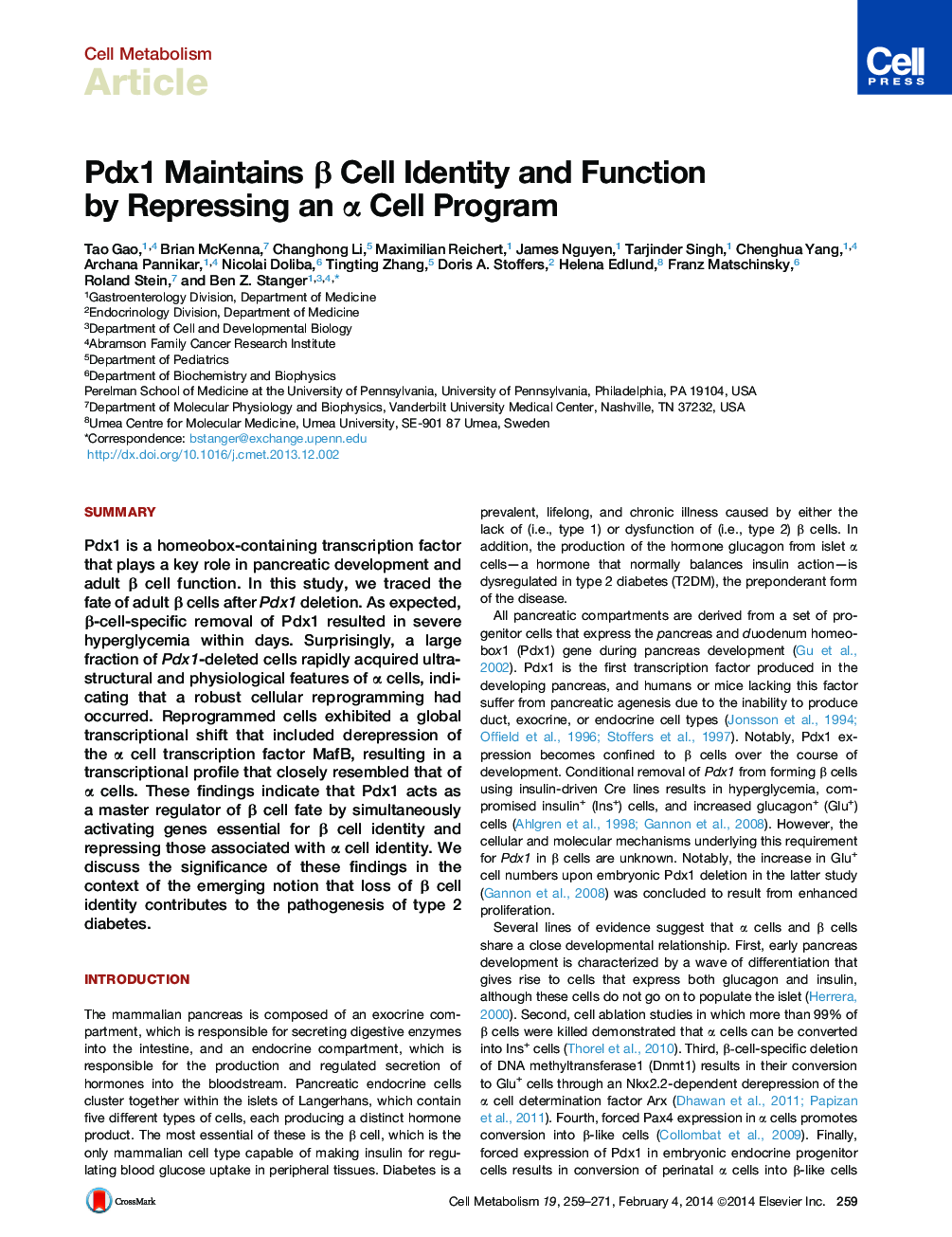 Pdx1 Maintains β Cell Identity and Function by Repressing an α Cell Program