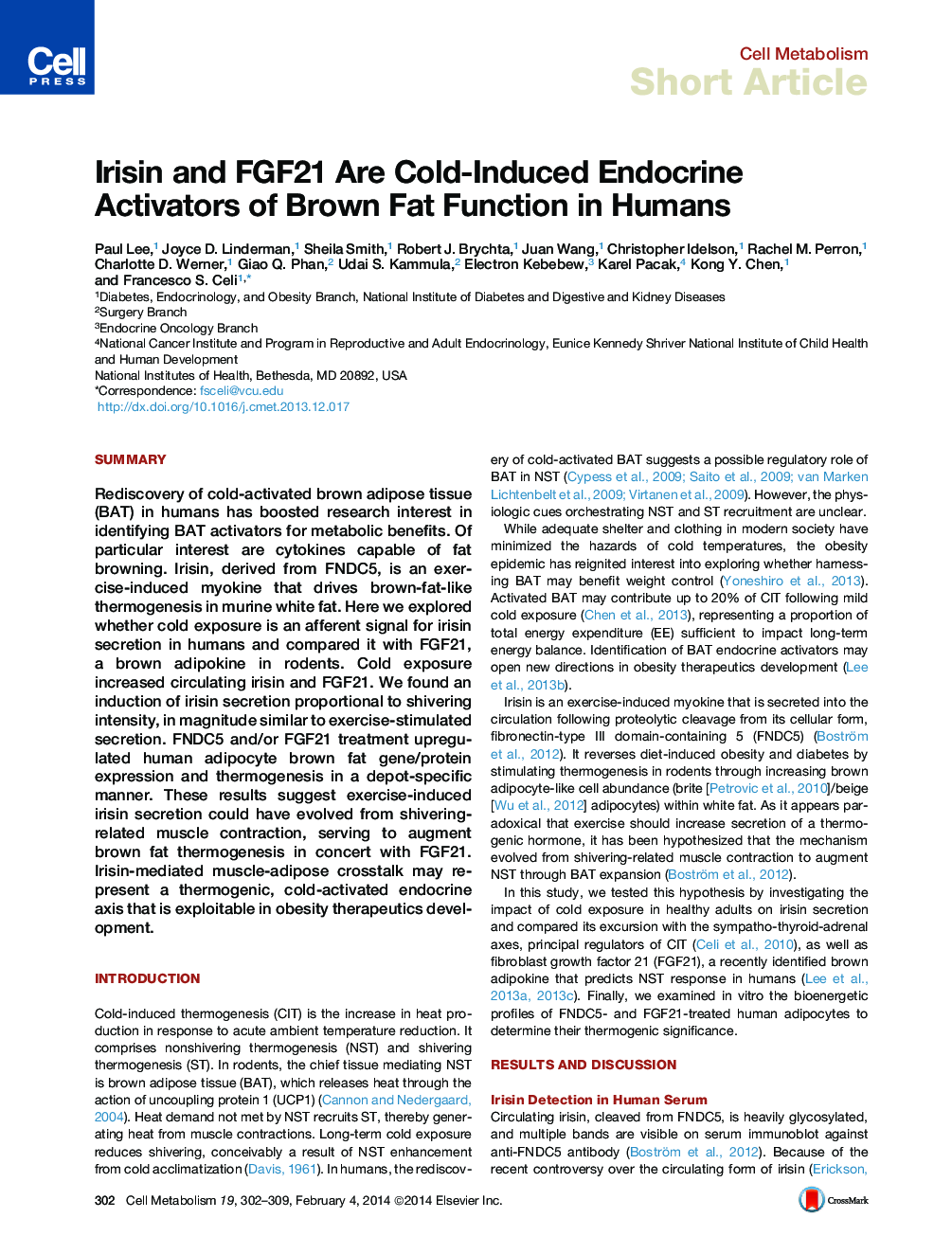 Irisin and FGF21 Are Cold-Induced Endocrine Activators of Brown Fat Function in Humans