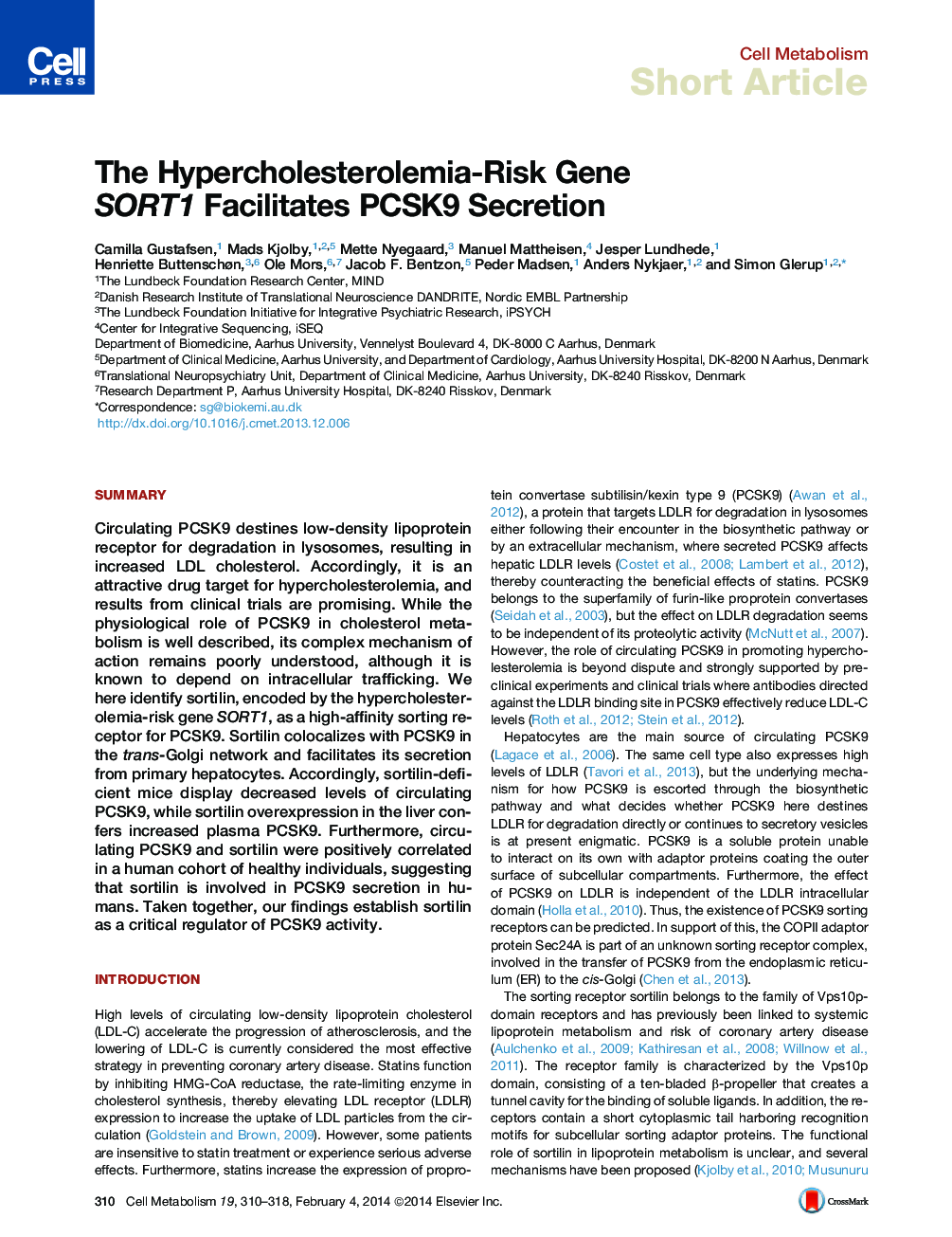 The Hypercholesterolemia-Risk Gene SORT1 Facilitates PCSK9 Secretion
