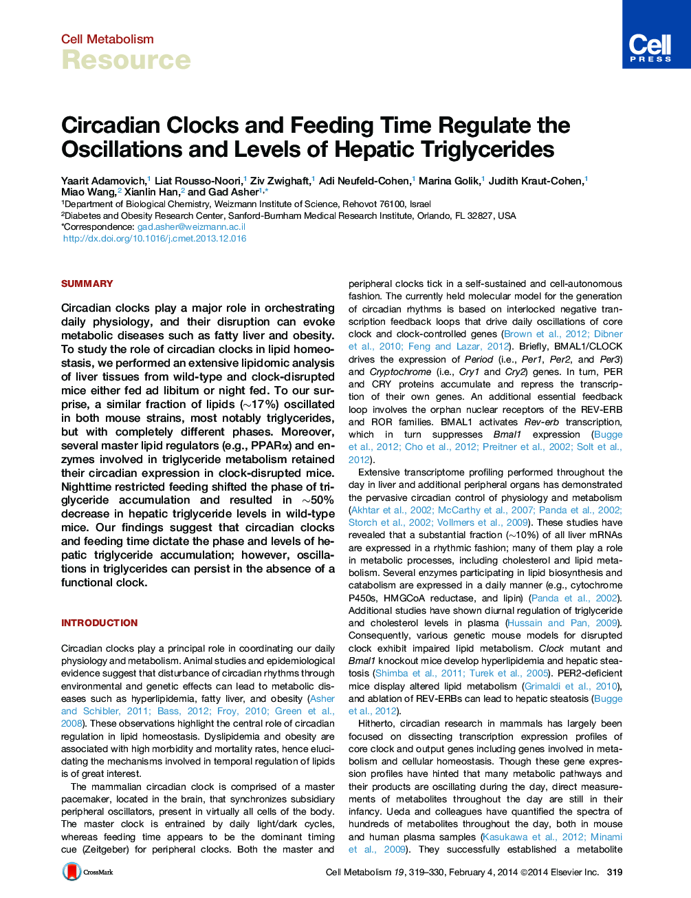 Circadian Clocks and Feeding Time Regulate the Oscillations and Levels of Hepatic Triglycerides