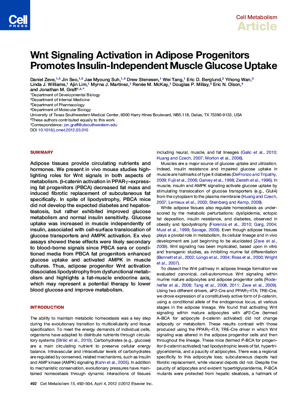 Wnt Signaling Activation in Adipose Progenitors Promotes Insulin-Independent Muscle Glucose Uptake