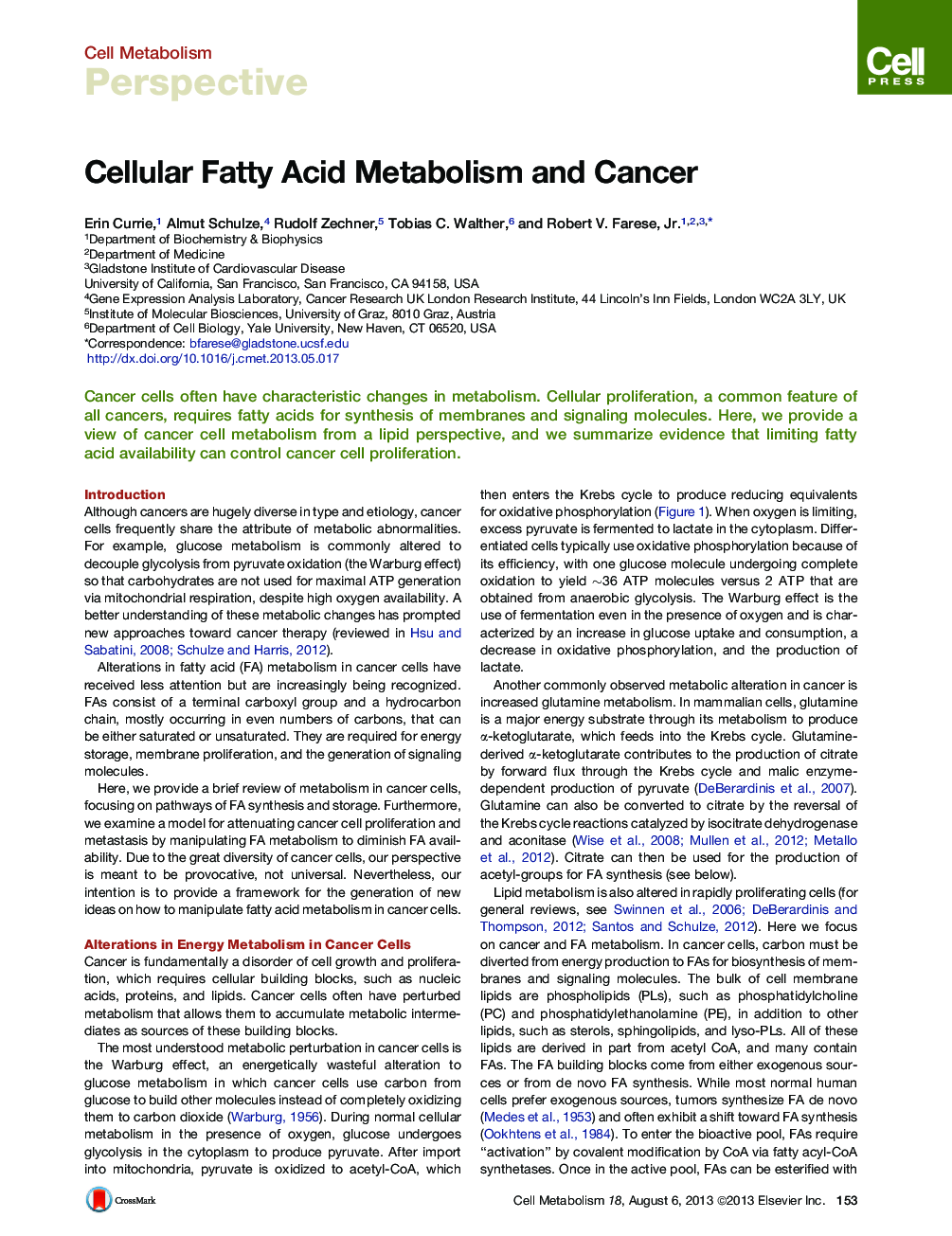 Cellular Fatty Acid Metabolism and Cancer