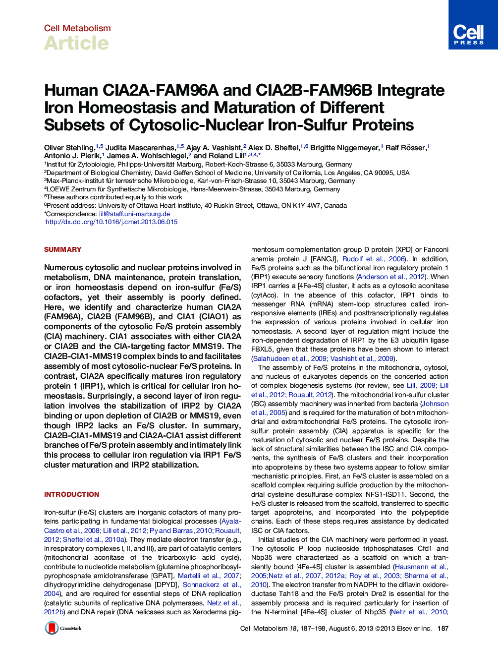Human CIA2A-FAM96A and CIA2B-FAM96B Integrate Iron Homeostasis and Maturation of Different Subsets of Cytosolic-Nuclear Iron-Sulfur Proteins