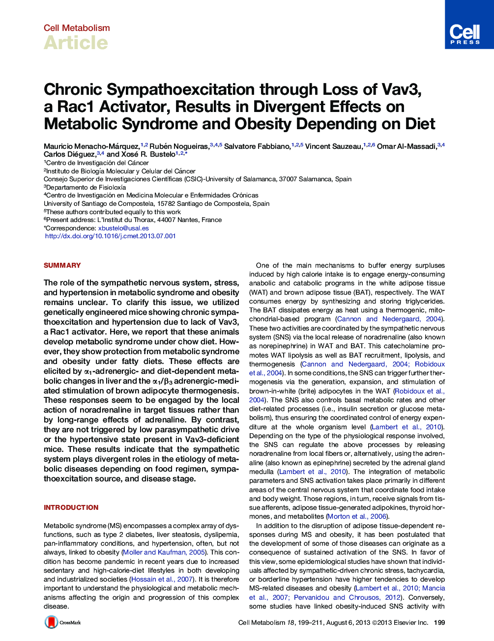 Chronic Sympathoexcitation through Loss of Vav3, a Rac1 Activator, Results in Divergent Effects on Metabolic Syndrome and Obesity Depending on Diet