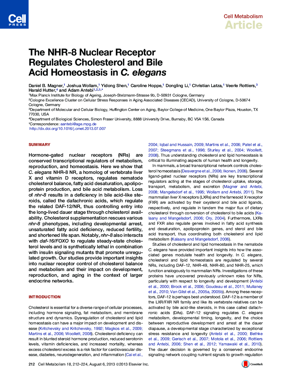 The NHR-8 Nuclear Receptor Regulates Cholesterol and Bile Acid Homeostasis in C. elegans