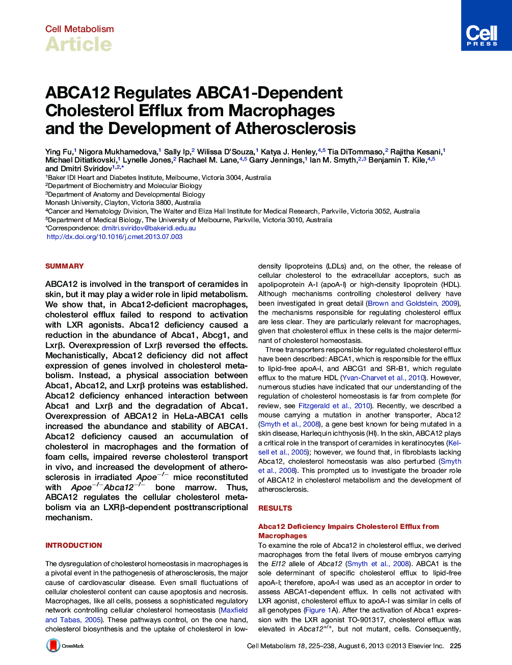 ABCA12 Regulates ABCA1-Dependent Cholesterol Efflux from Macrophages and the Development of Atherosclerosis