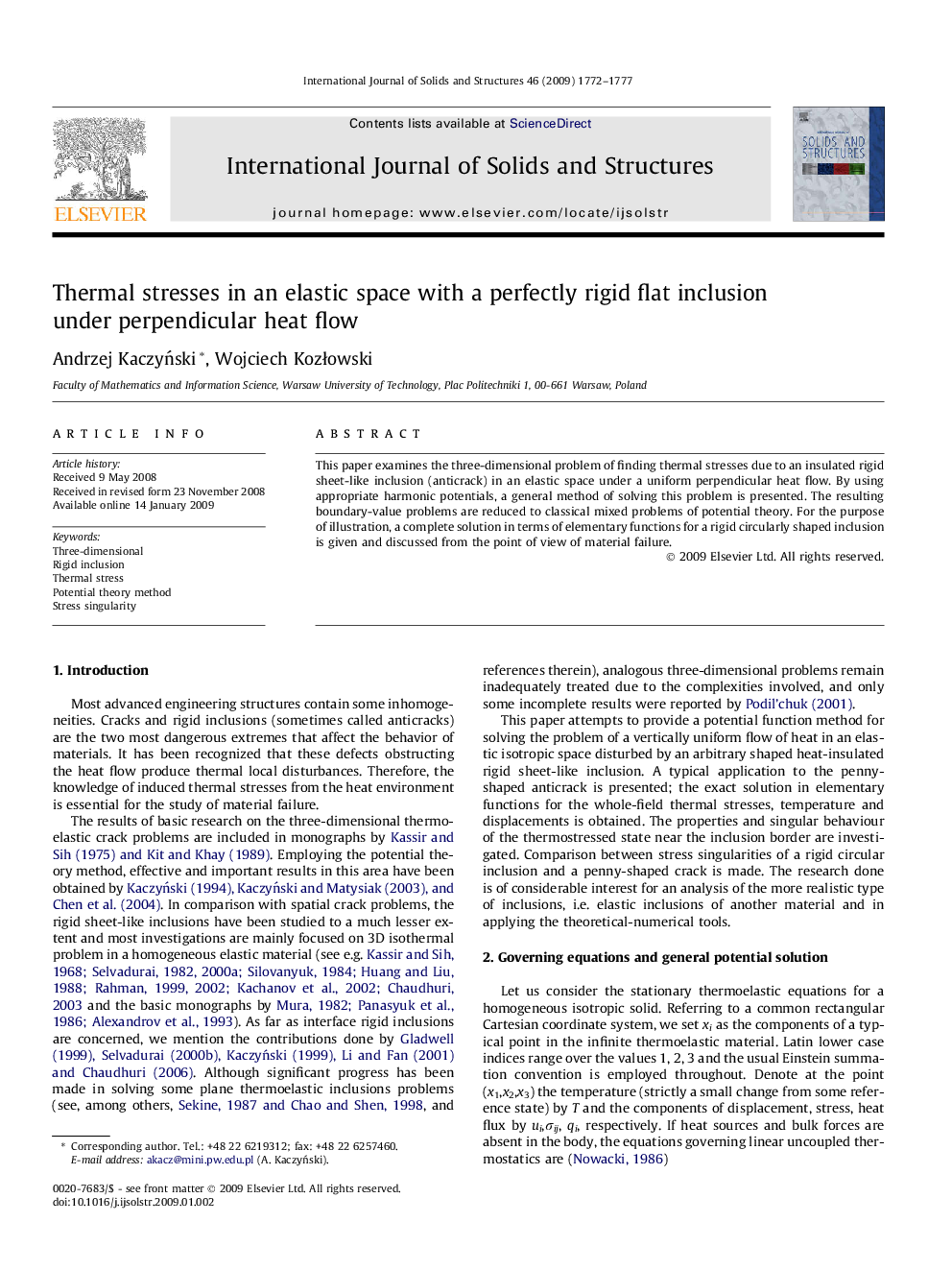 Thermal stresses in an elastic space with a perfectly rigid flat inclusion under perpendicular heat flow