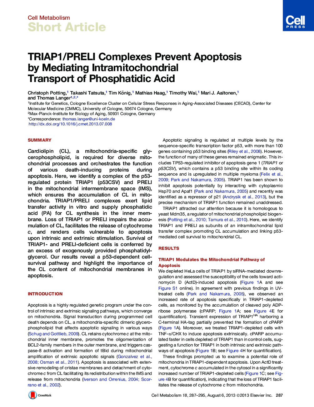 TRIAP1/PRELI Complexes Prevent Apoptosis by Mediating Intramitochondrial Transport of Phosphatidic Acid