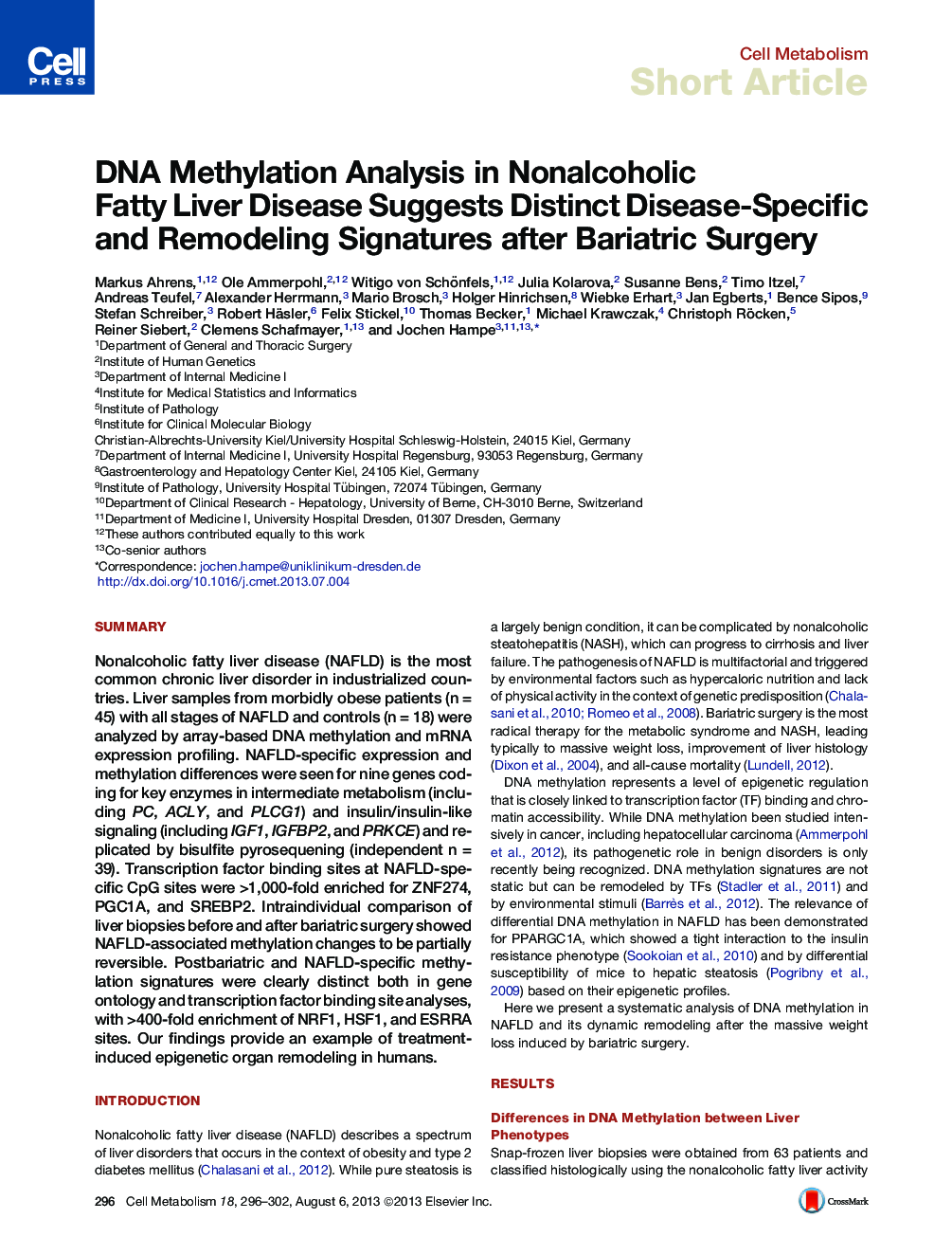 DNA Methylation Analysis in Nonalcoholic Fatty Liver Disease Suggests Distinct Disease-Specific and Remodeling Signatures after Bariatric Surgery