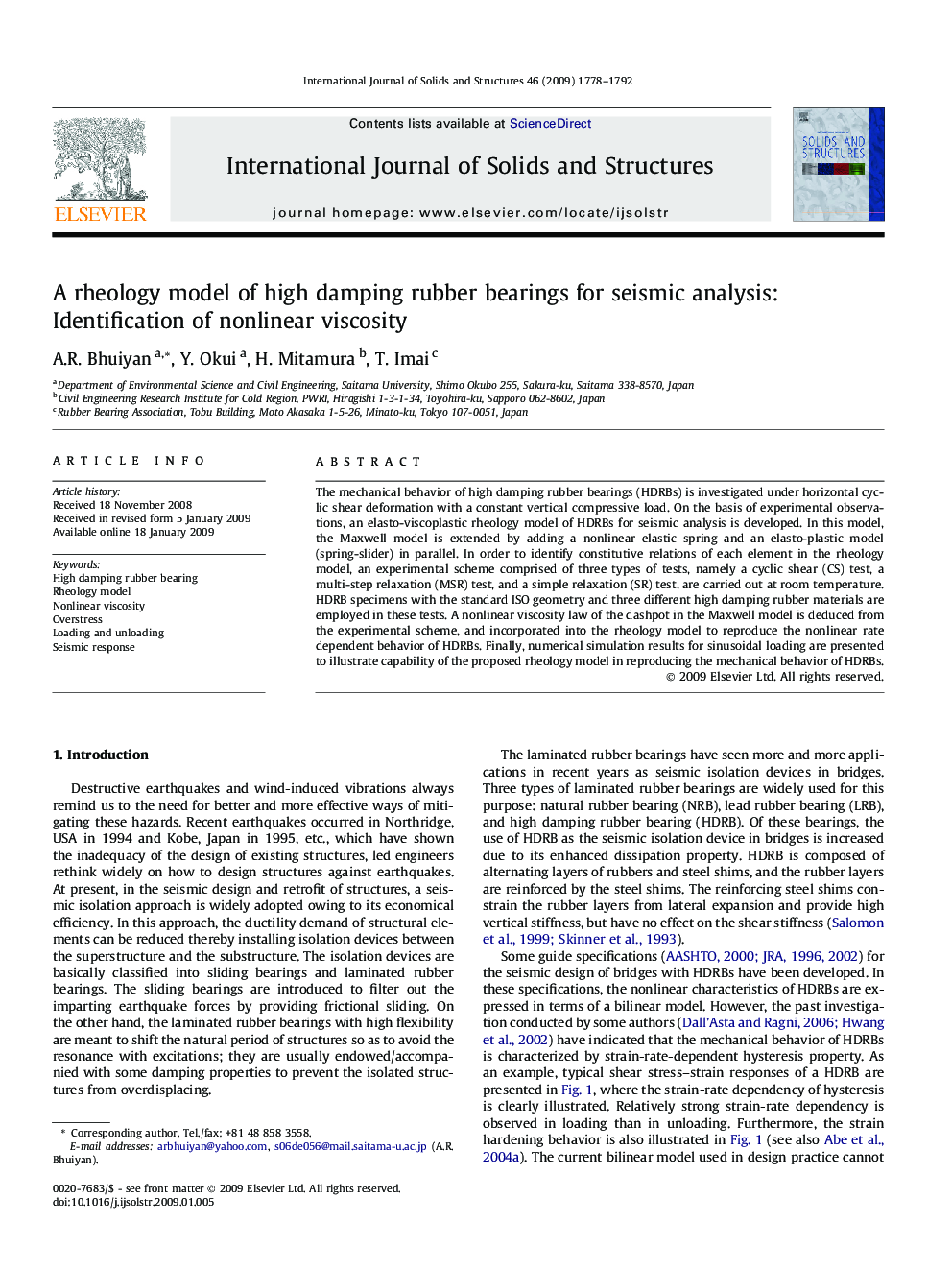 A rheology model of high damping rubber bearings for seismic analysis: Identification of nonlinear viscosity