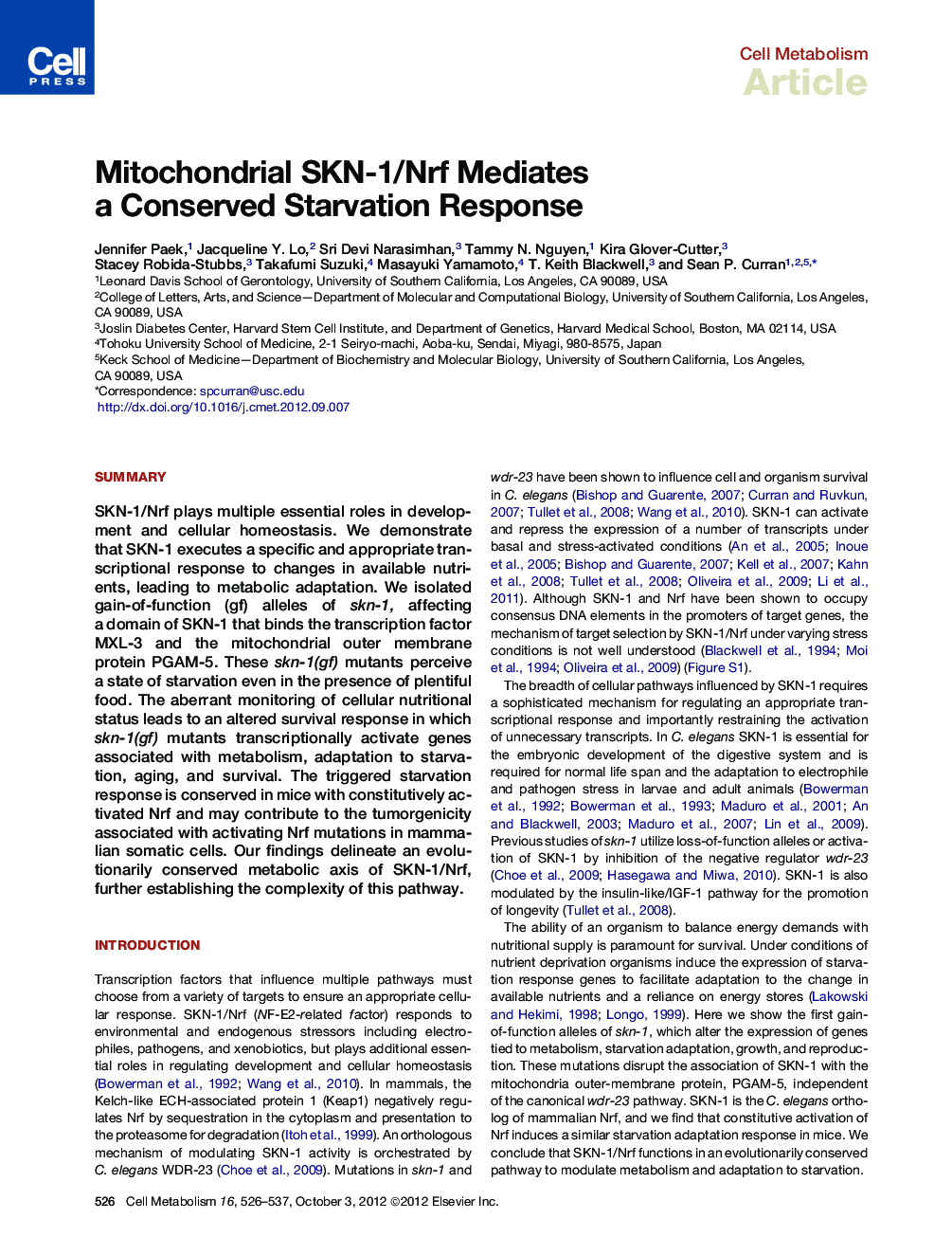 Mitochondrial SKN-1/Nrf Mediates a Conserved Starvation Response