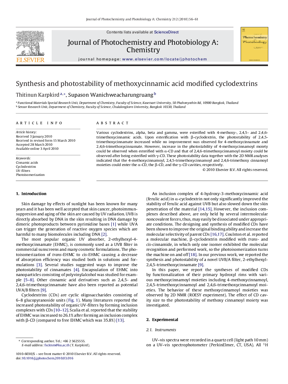 Synthesis and photostability of methoxycinnamic acid modified cyclodextrins