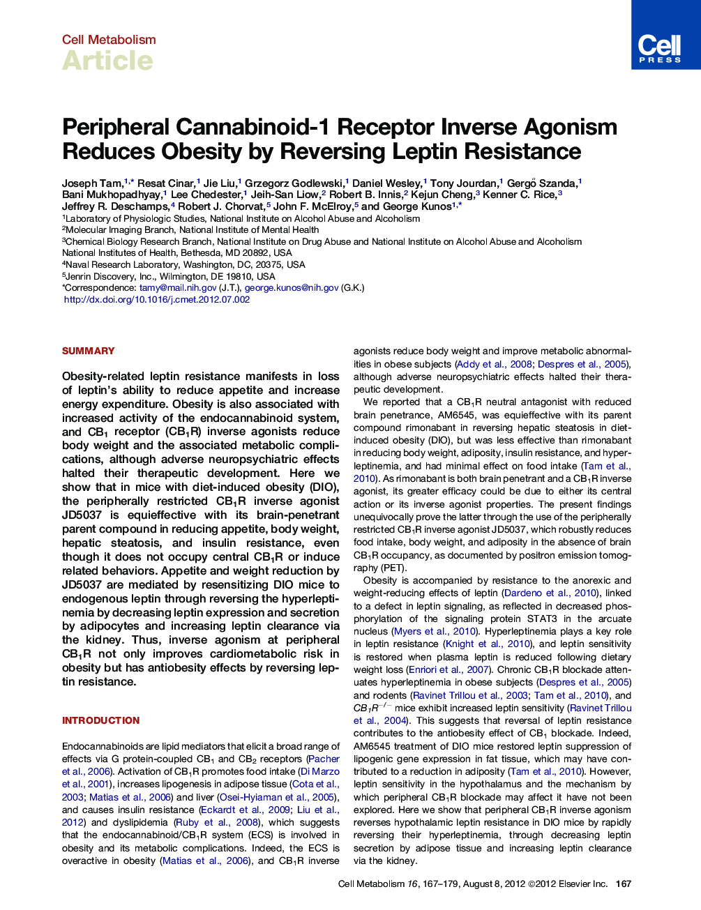 Peripheral Cannabinoid-1 Receptor Inverse Agonism Reduces Obesity by Reversing Leptin Resistance