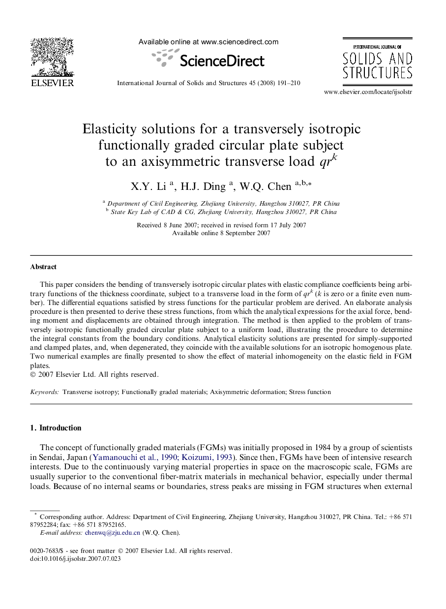 Elasticity solutions for a transversely isotropic functionally graded circular plate subject to an axisymmetric transverse load qrk