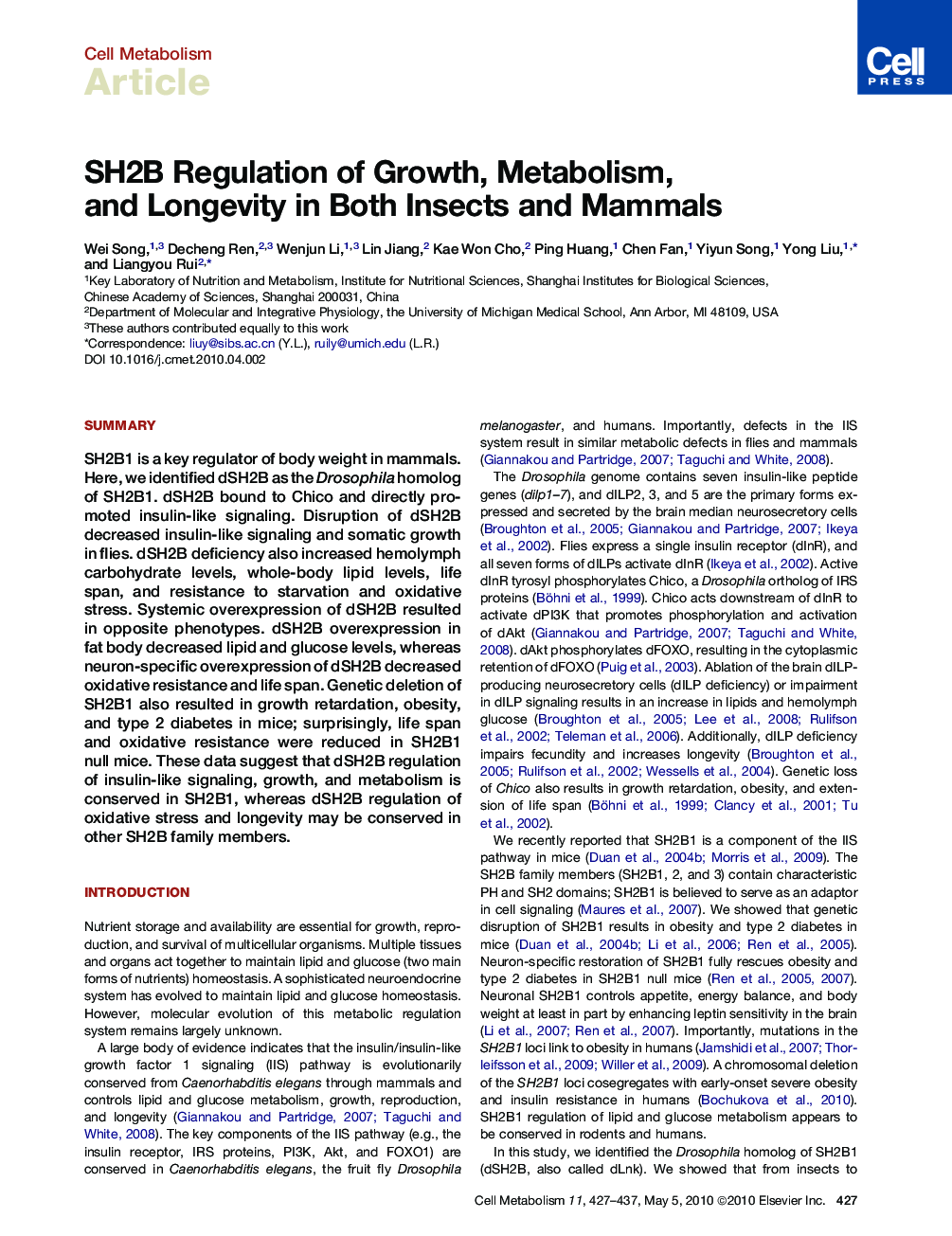SH2B Regulation of Growth, Metabolism, and Longevity in Both Insects and Mammals