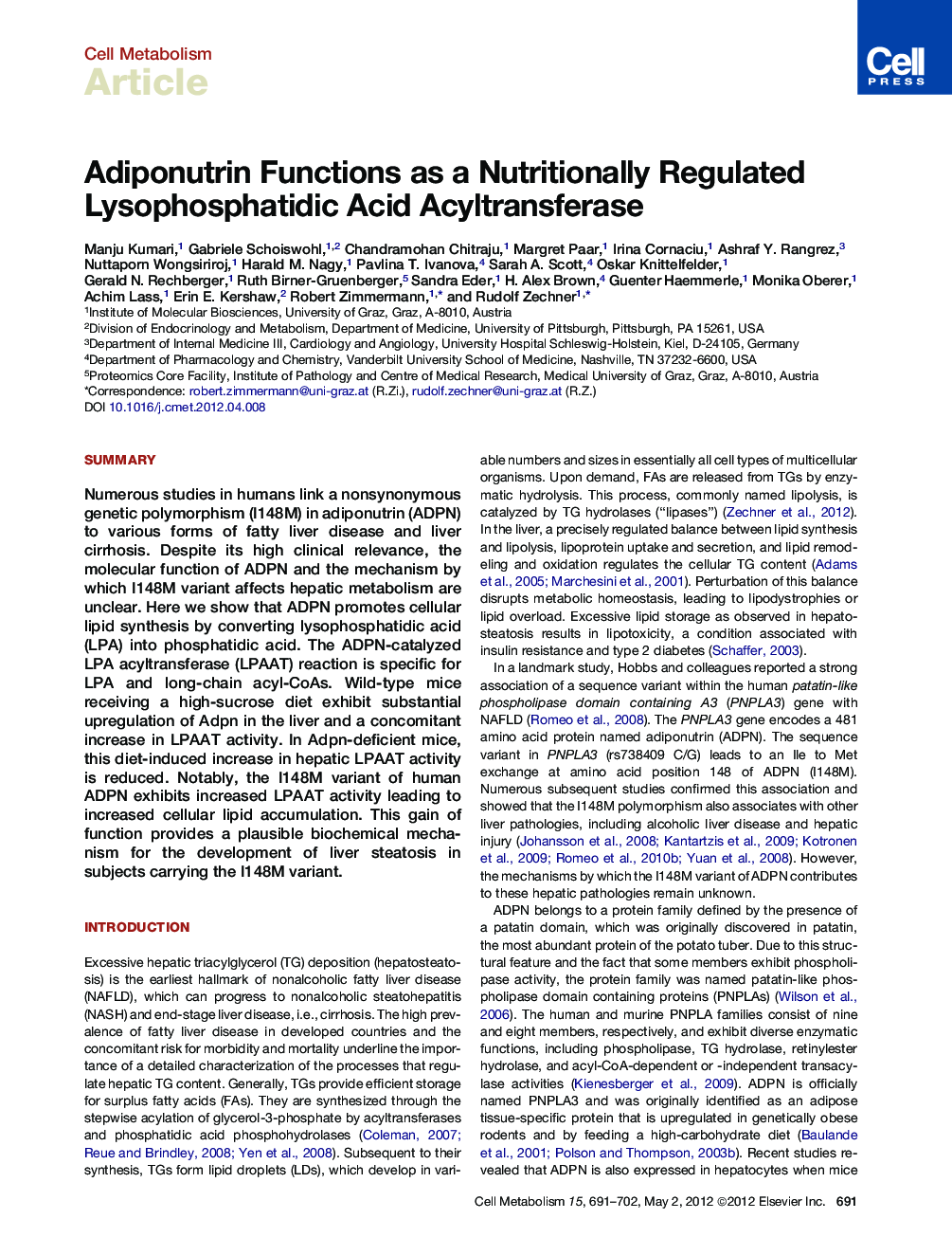 Adiponutrin Functions as a Nutritionally Regulated Lysophosphatidic Acid Acyltransferase