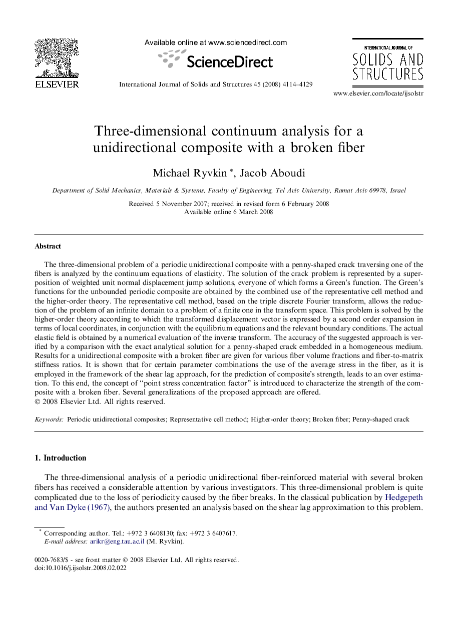 Three-dimensional continuum analysis for a unidirectional composite with a broken fiber